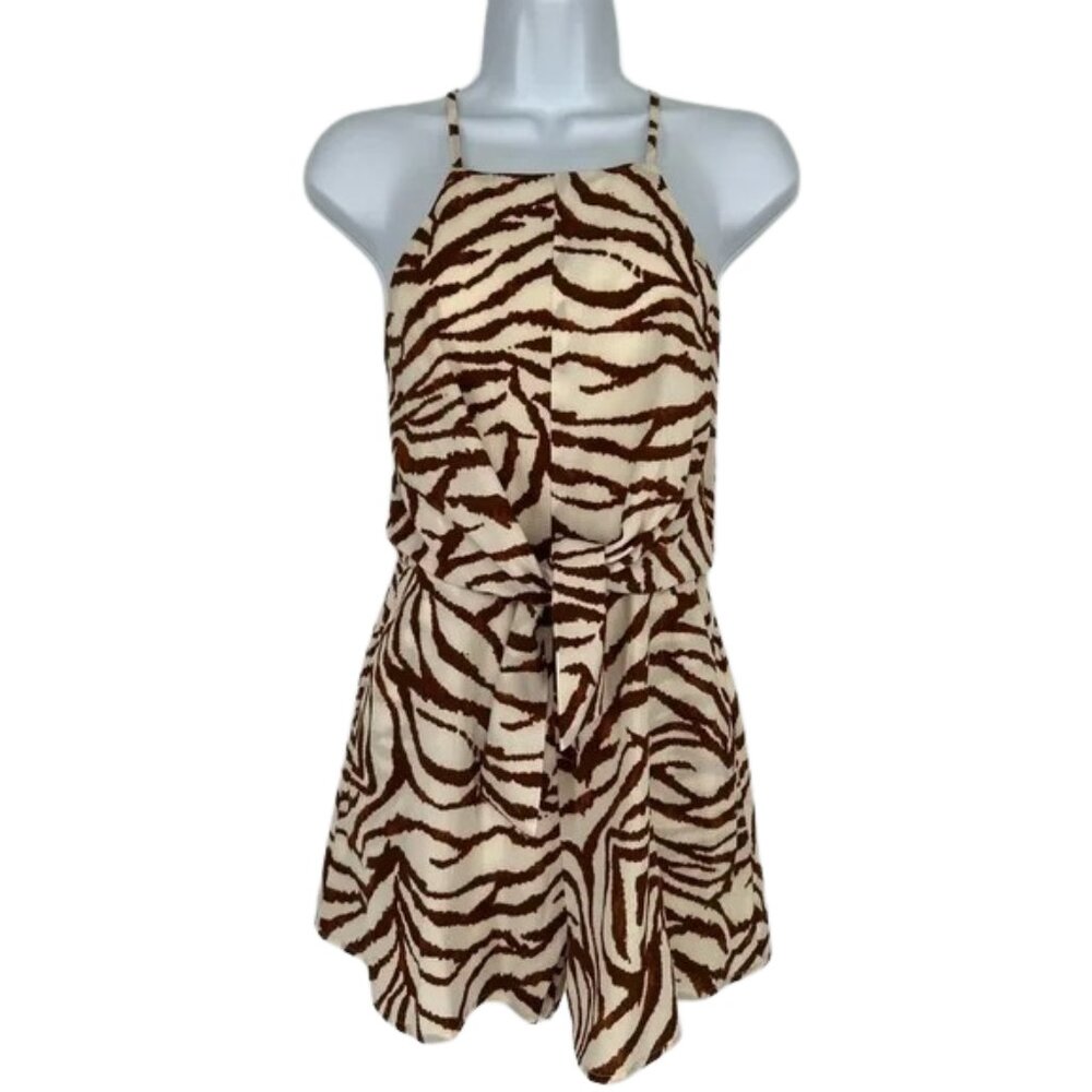Blue Blush Romper Womens Medium Brown Zebra Print Sleeveless V-Neck Pockets